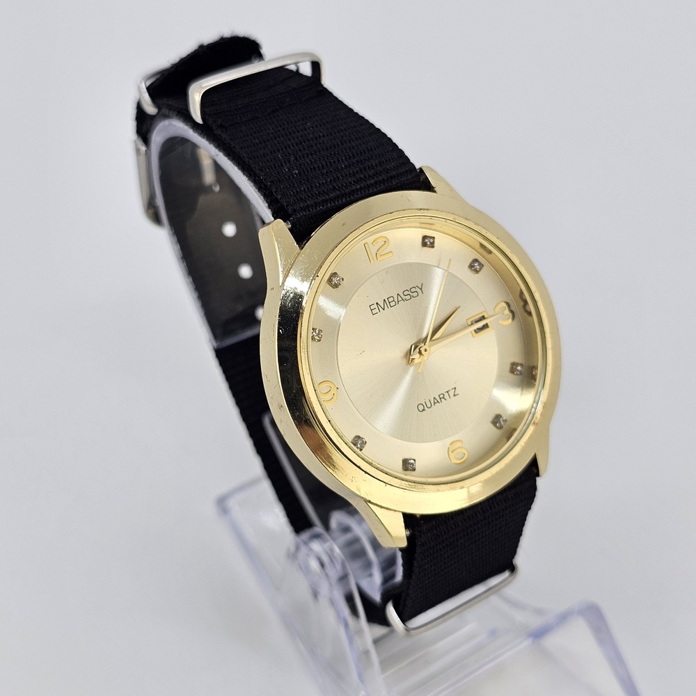 Embassy Men's Analog Watch 38MM Gold Dial Date NEW Black Canvas Band NEW Battery